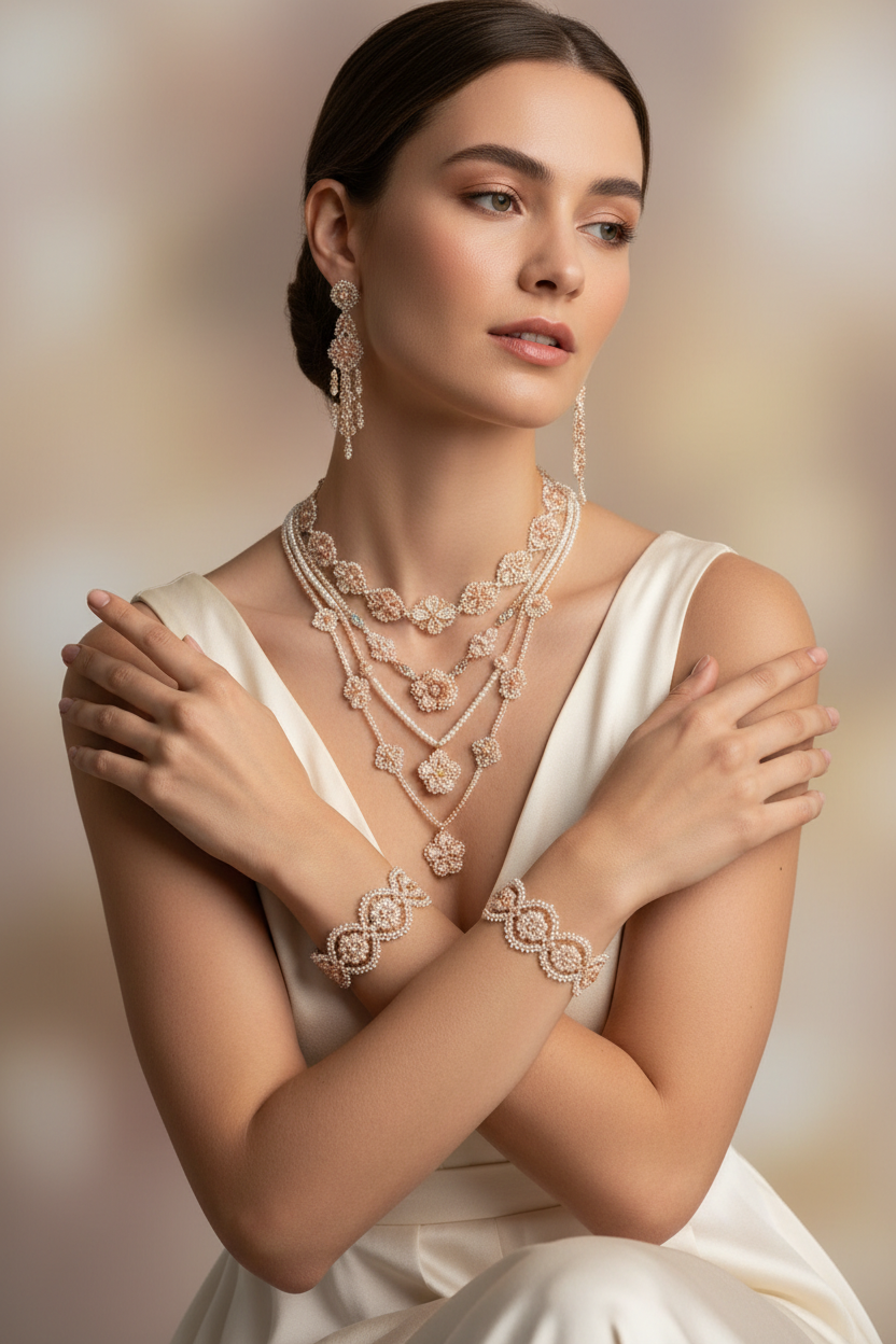 Mujer con joyas de mostacillas